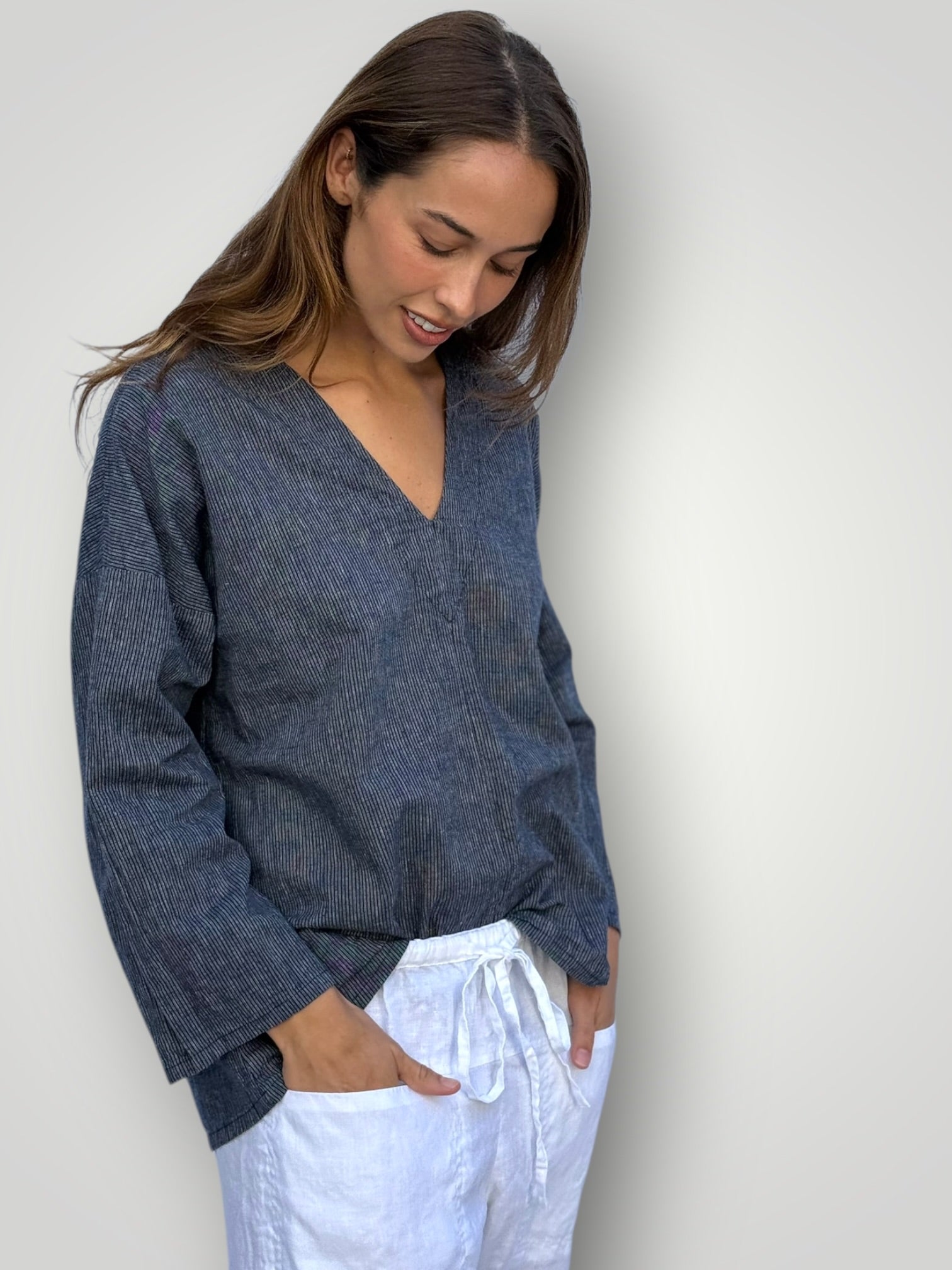 paige top - fine navy stripe hemp Apparel