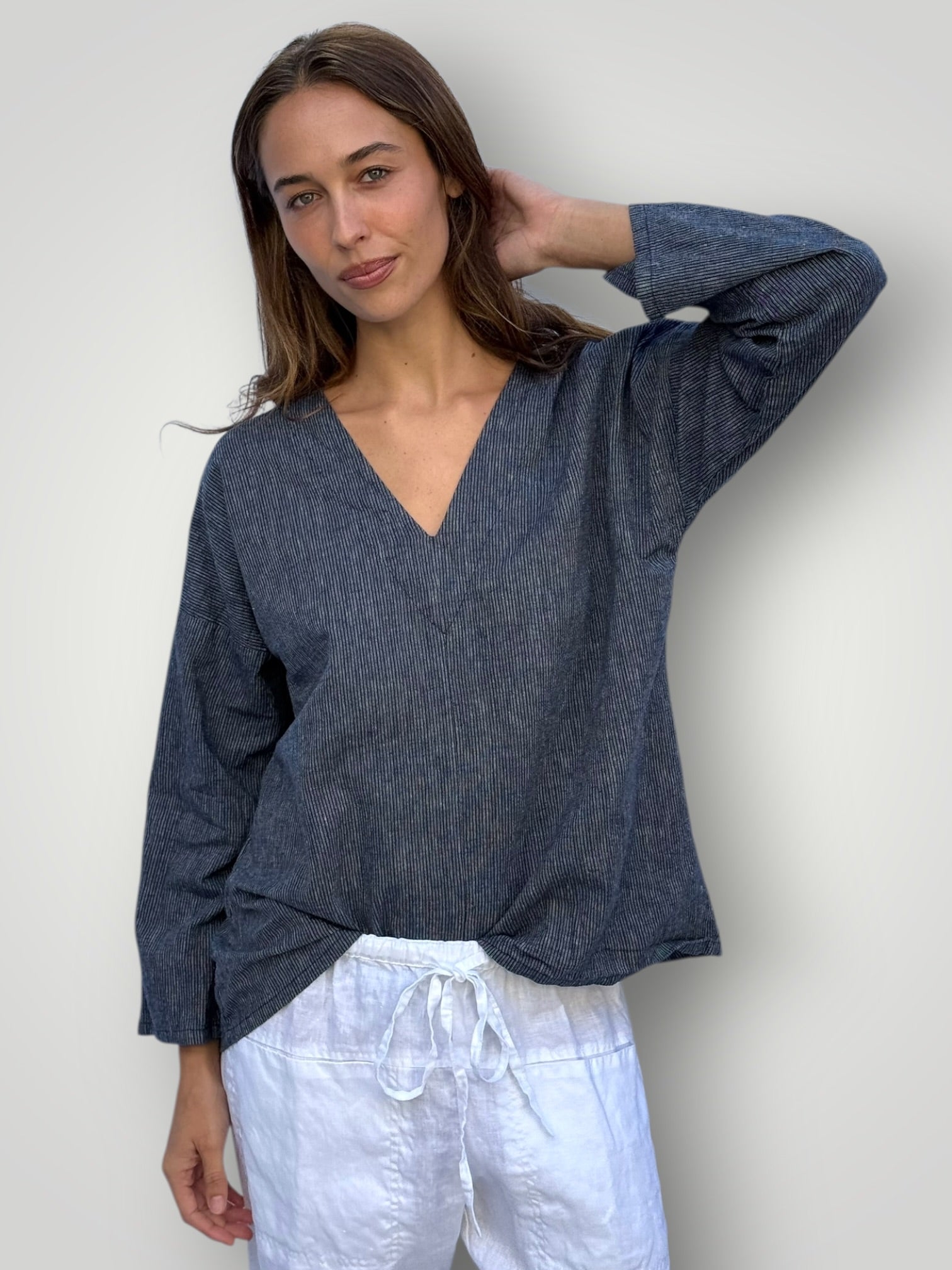 paige top - fine navy stripe hemp Apparel