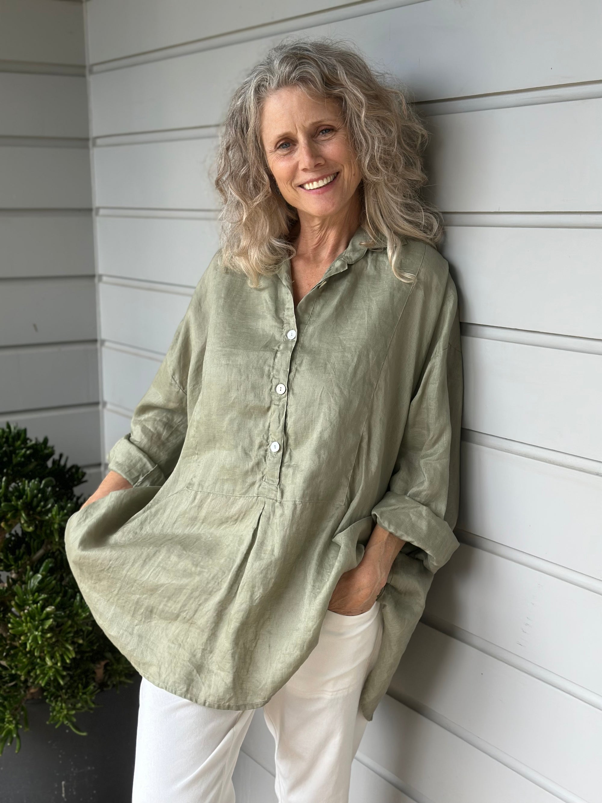 megan shirt - sage linen Apparel