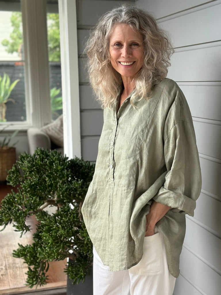megan shirt - sage linen Apparel