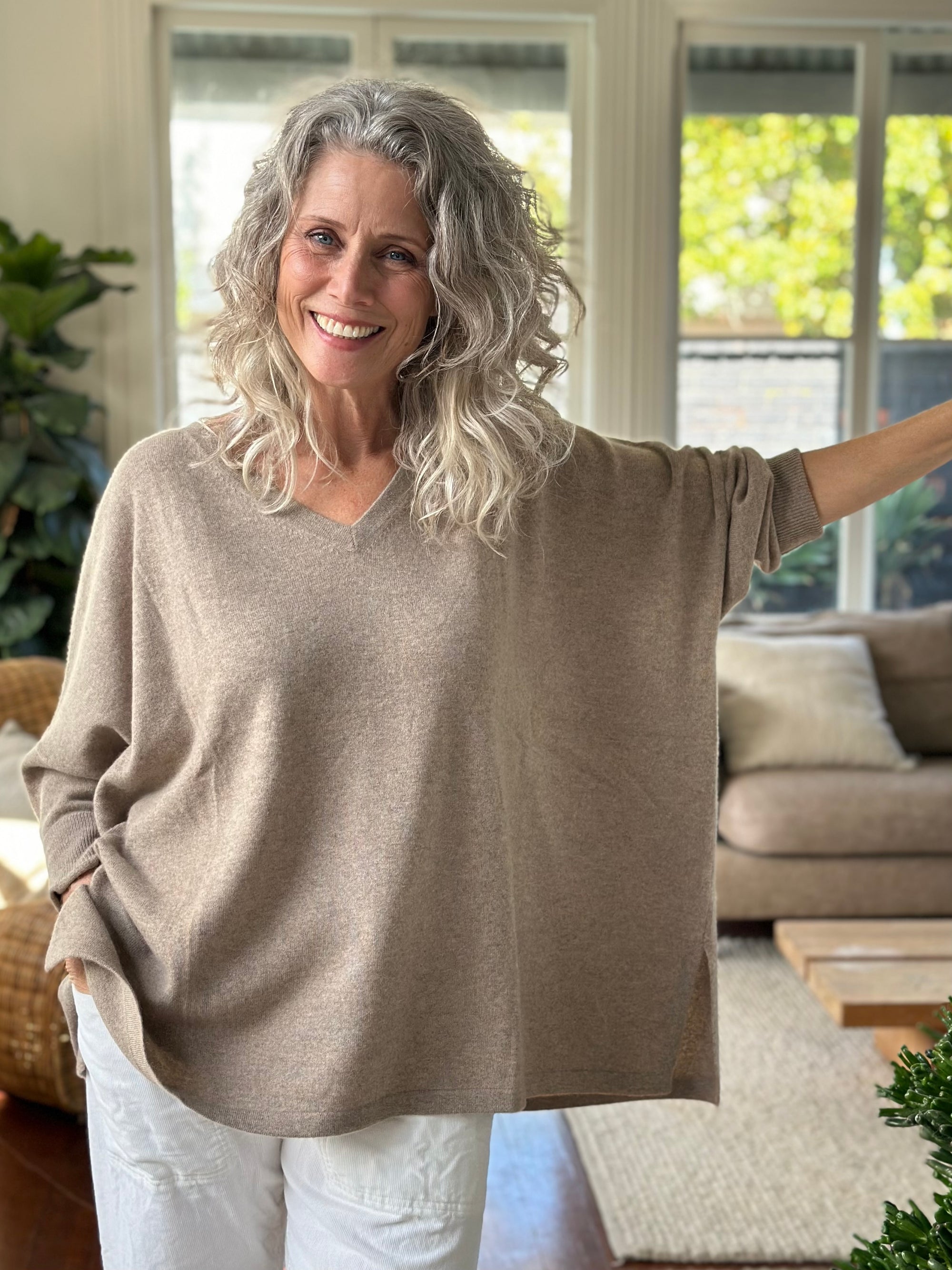 relaxed boyfriend knit- wheat cashmere Apparel