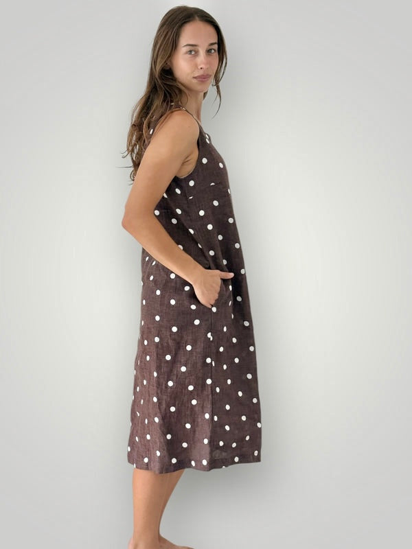 becky dress - chocolate spot linen Apparel