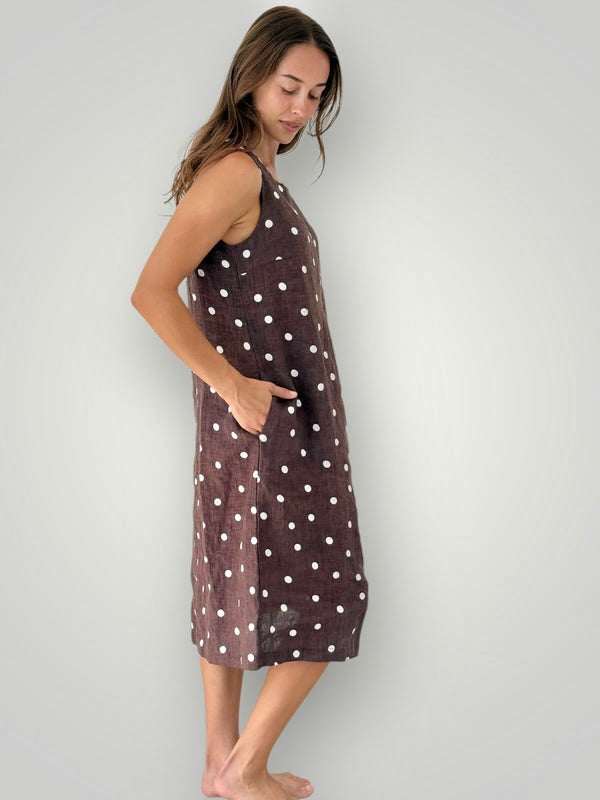 becky dress - chocolate spot linen Apparel