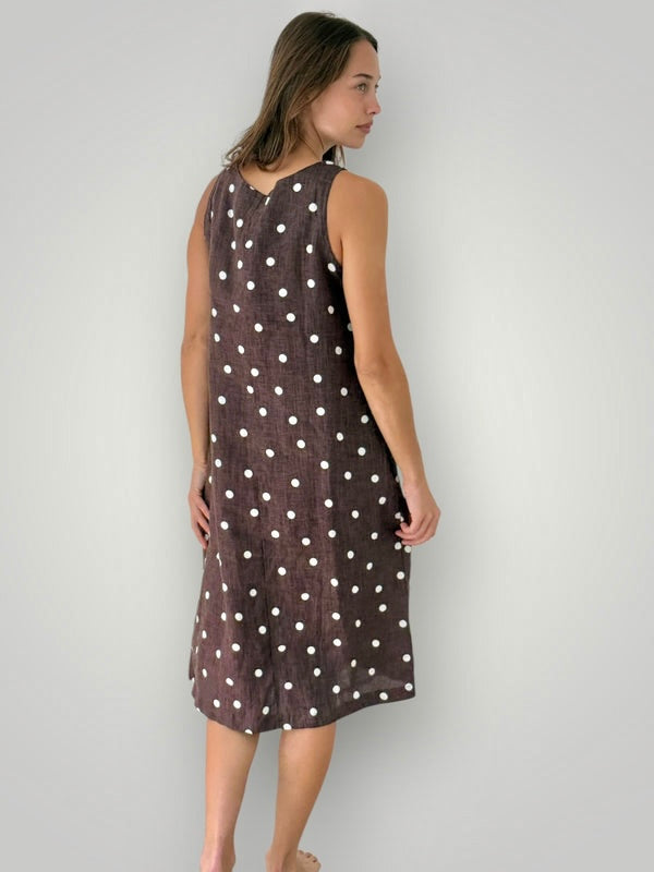 becky dress - chocolate spot linen Apparel