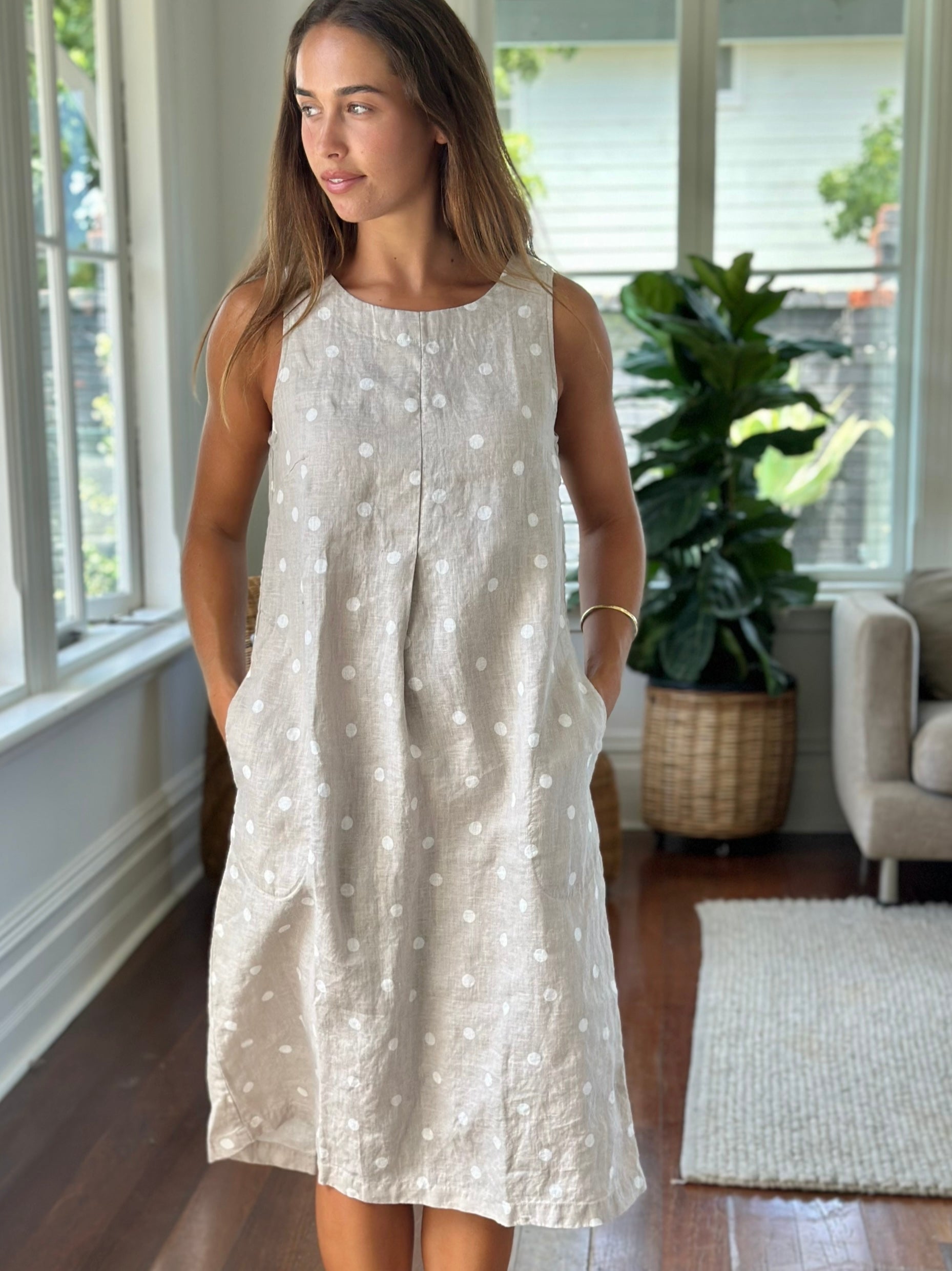 becky dress - natural spot linen Apparel