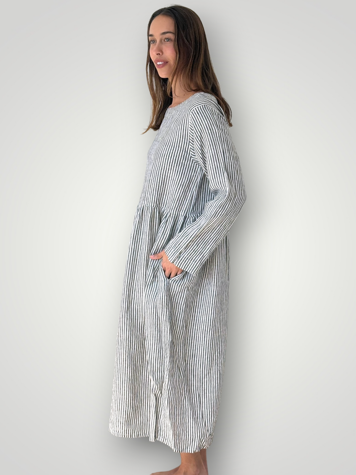 april dress - charcoal stripe linen Apparel