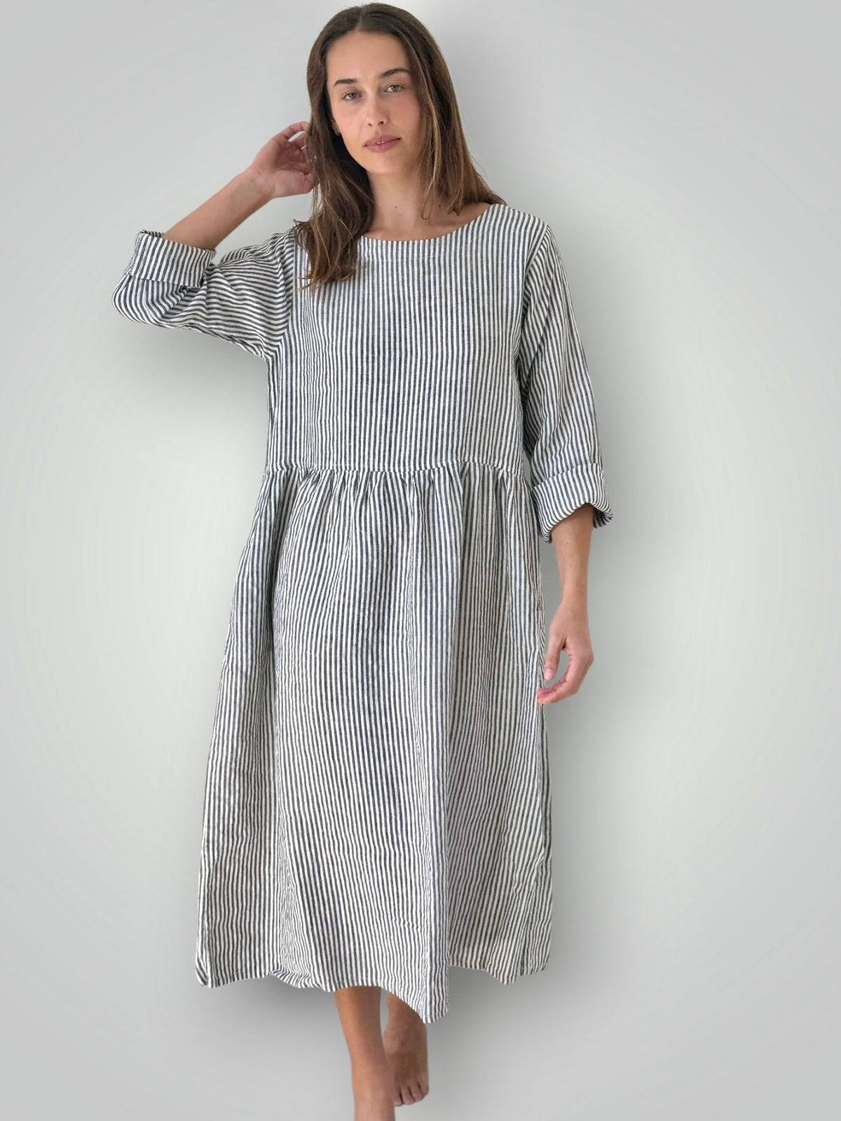 april dress - charcoal stripe linen Apparel