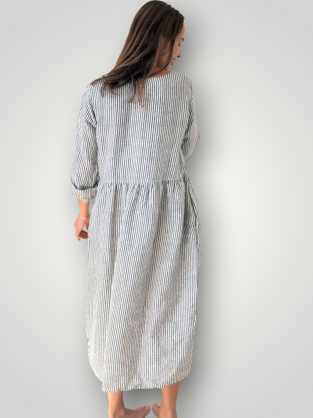 april dress - charcoal stripe linen Apparel