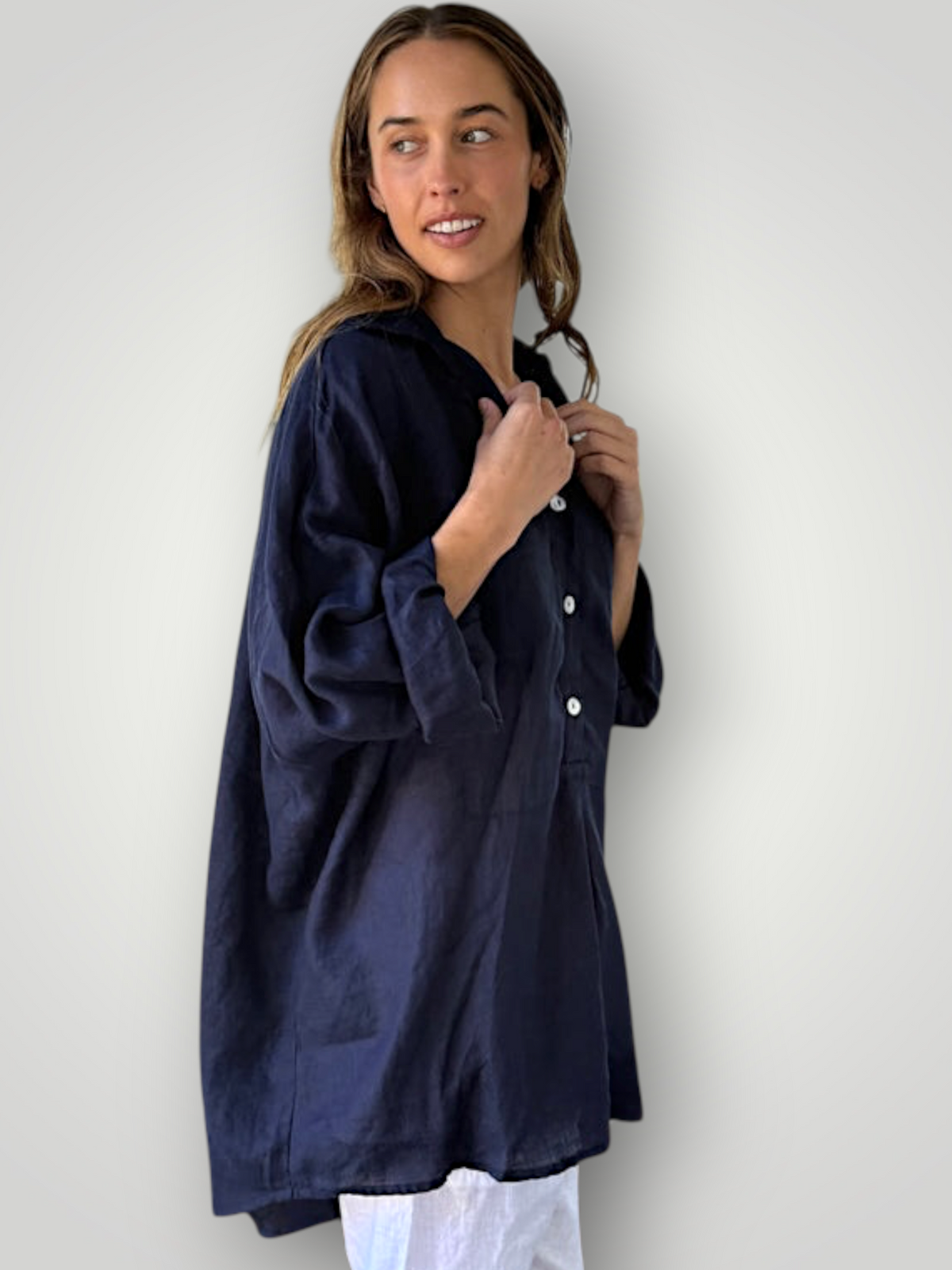 megan shirt - navy linen Apparel