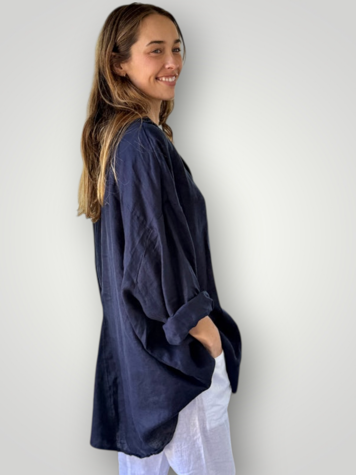 megan shirt - navy linen Apparel