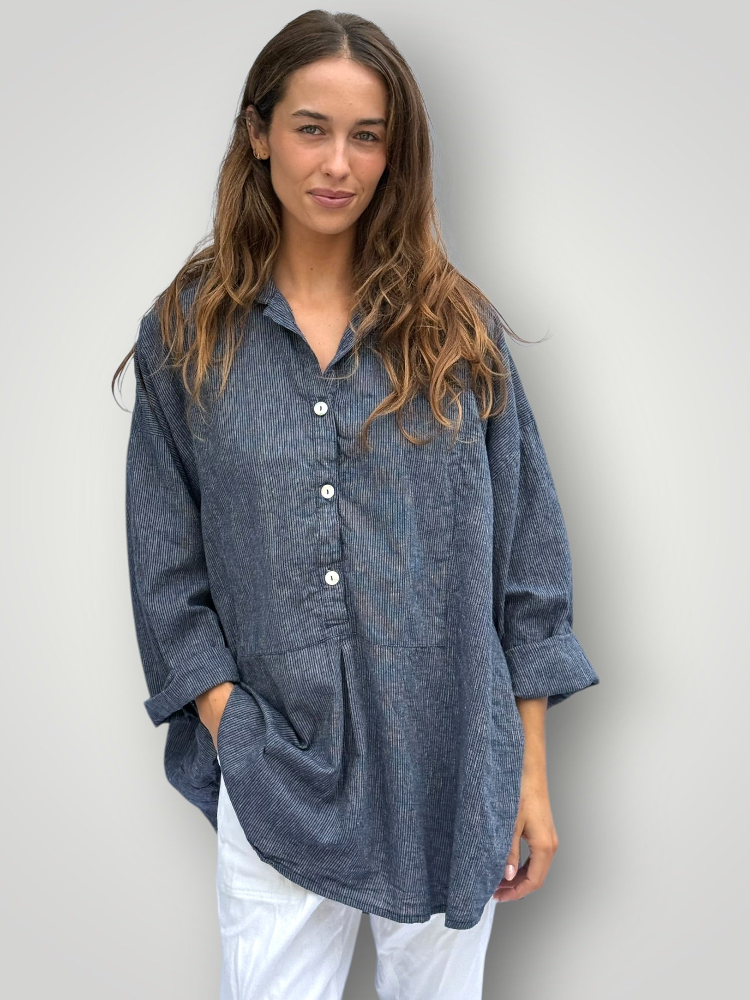 megan shirt-fine navy stripe hemp