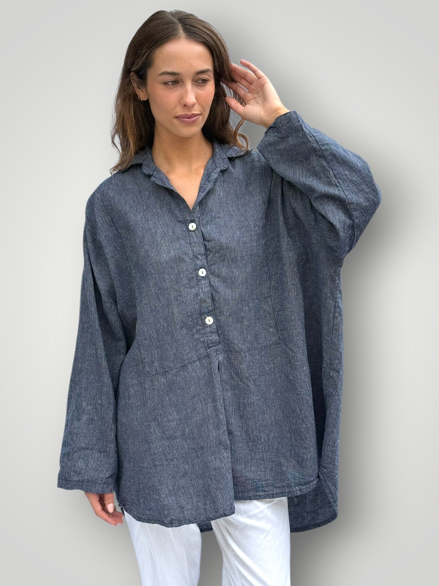 megan shirt-fine navy stripe hemp