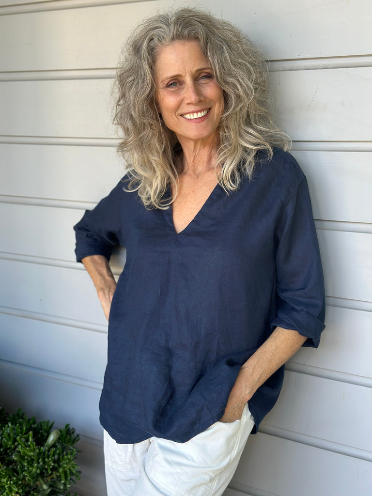 bianca top - navy linen Apparel  
