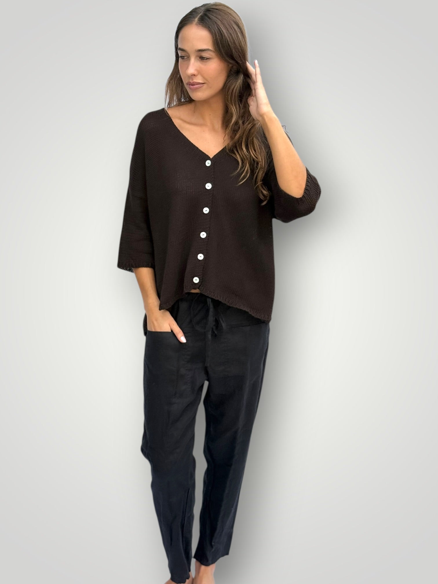 alex cotton knit cardi-chocolate Apparel