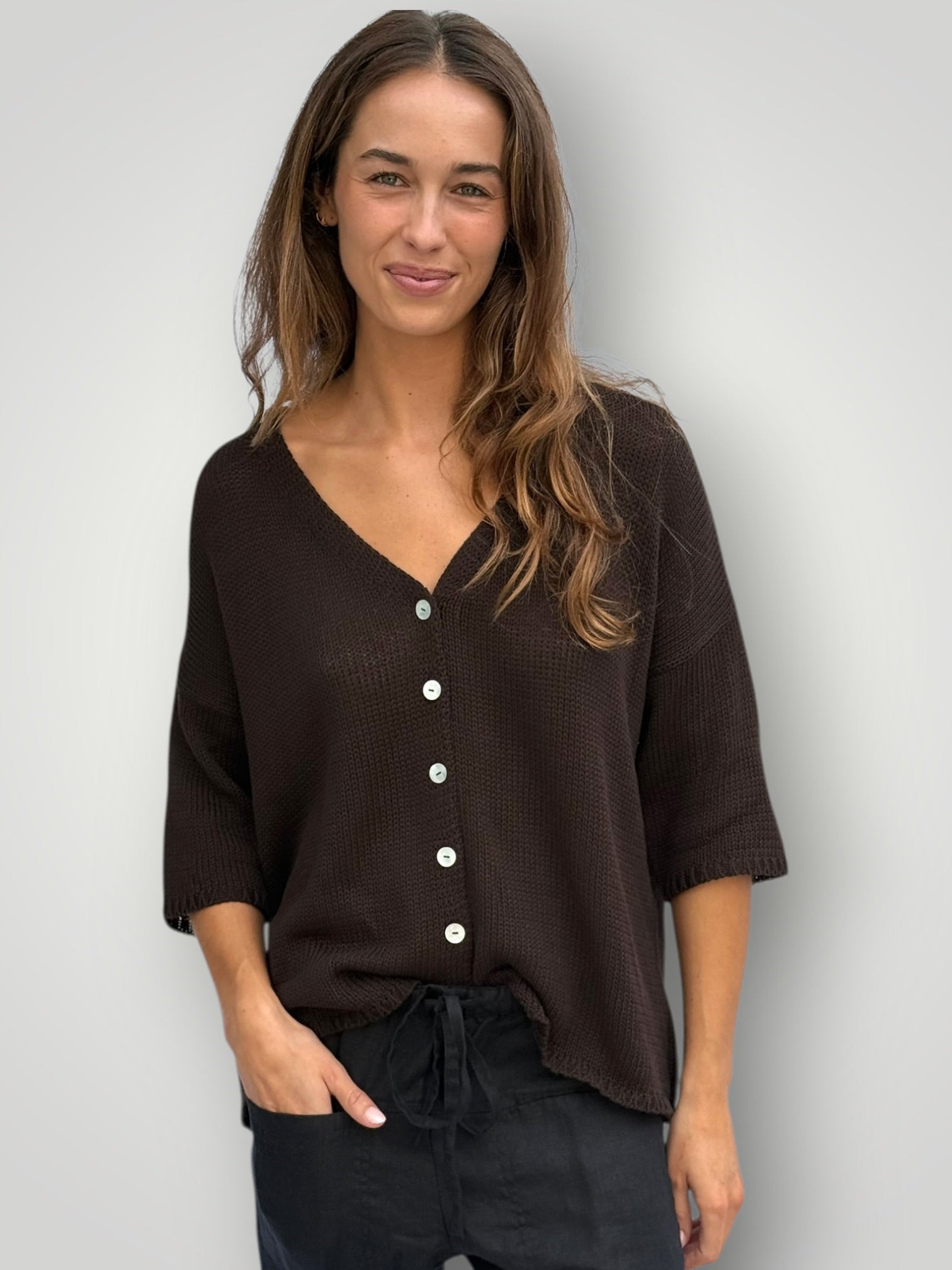 alex cotton knit cardi-chocolate Apparel