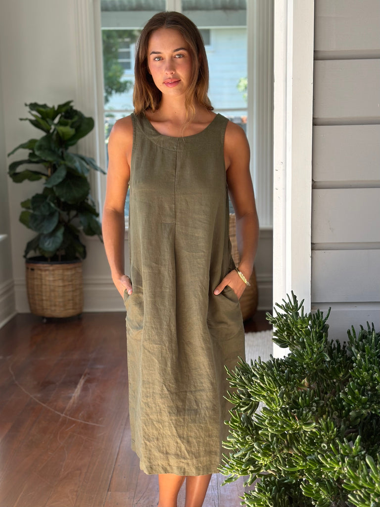 becky dress - army linen Apparel  