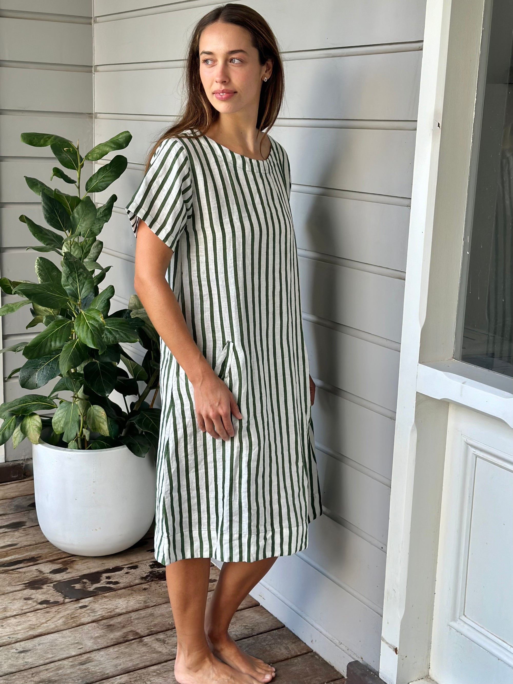zara short sleeve dress -moss stripe linen Apparel  