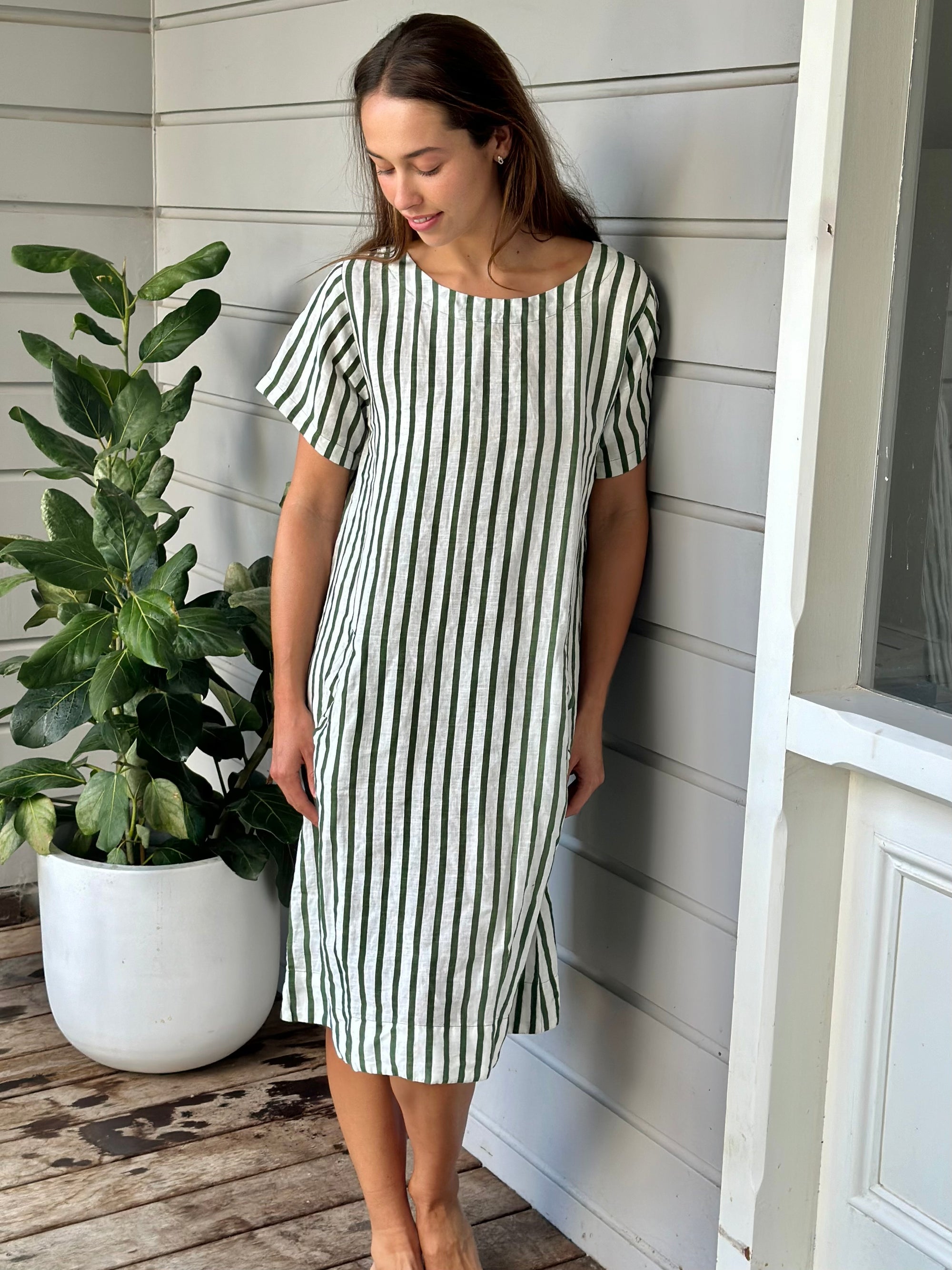 zara short sleeve dress -moss stripe linen Apparel  