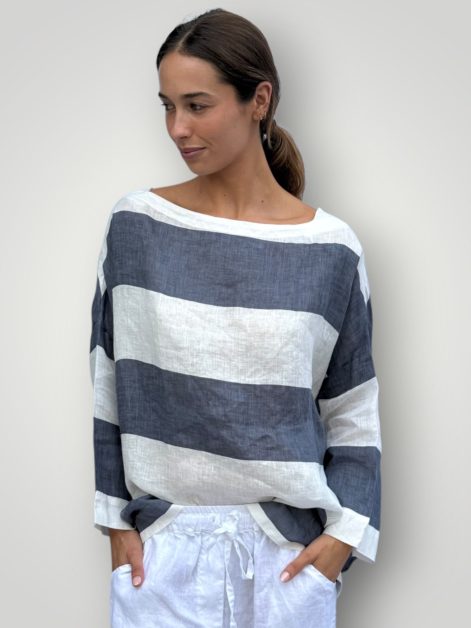 avril top - big grey stripe linen Apparel