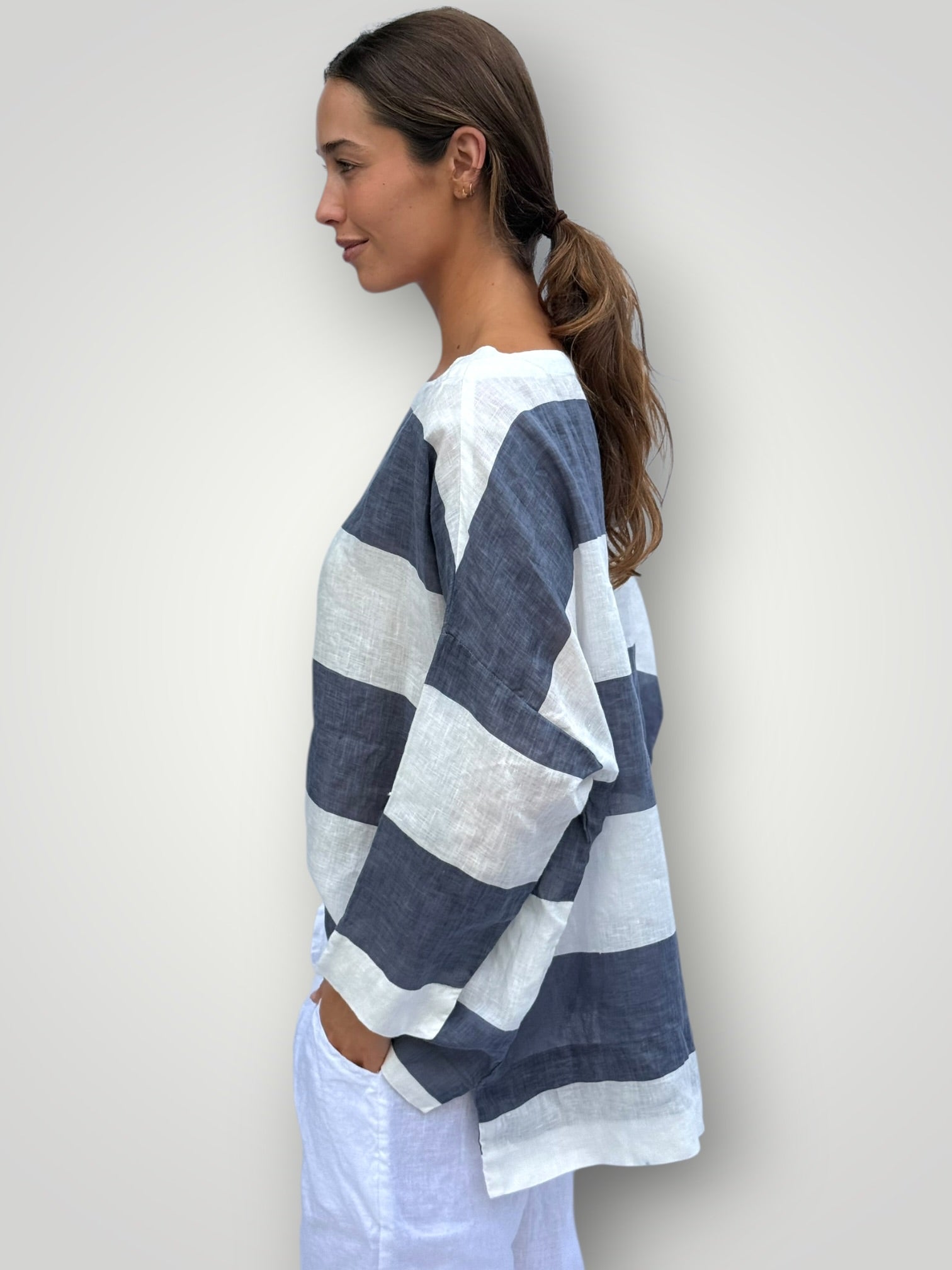 avril top - big grey stripe linen Apparel