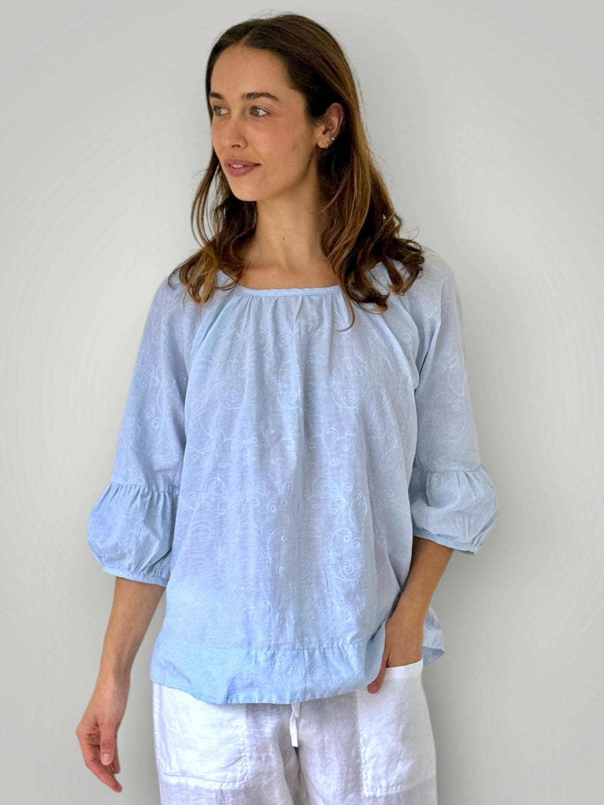 julia top-soft blue cotton embroidery Apparel