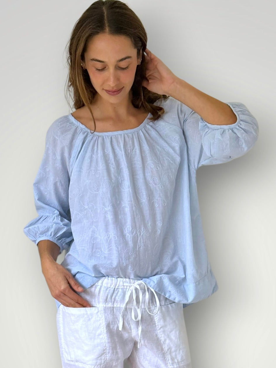 julia top-soft blue cotton embroidery Apparel