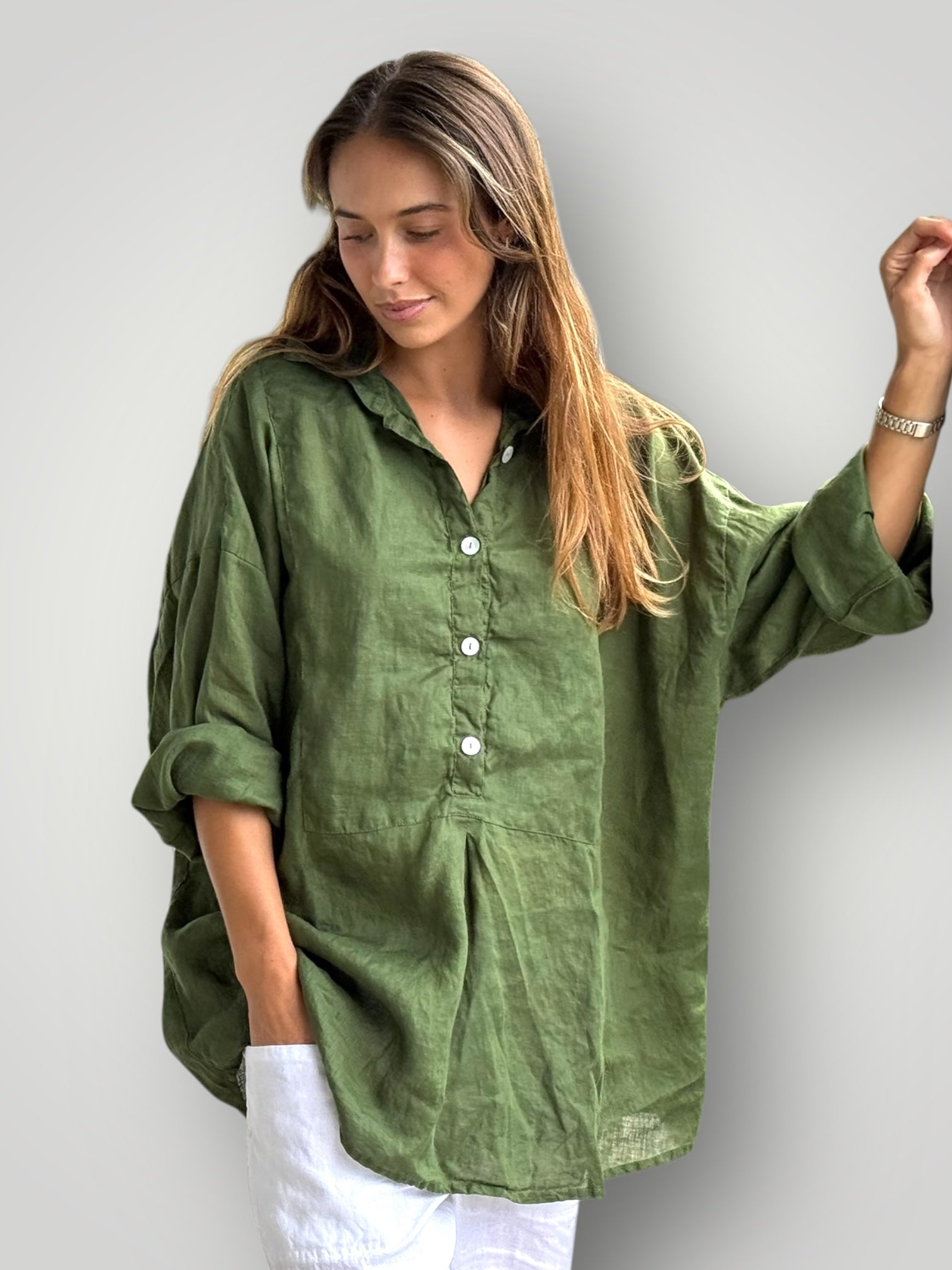megan shirt - moss linen Apparel