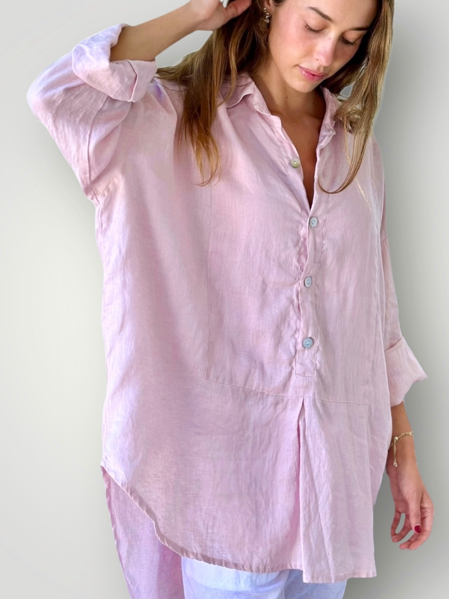 megan shirt - peony pink linen Apparel