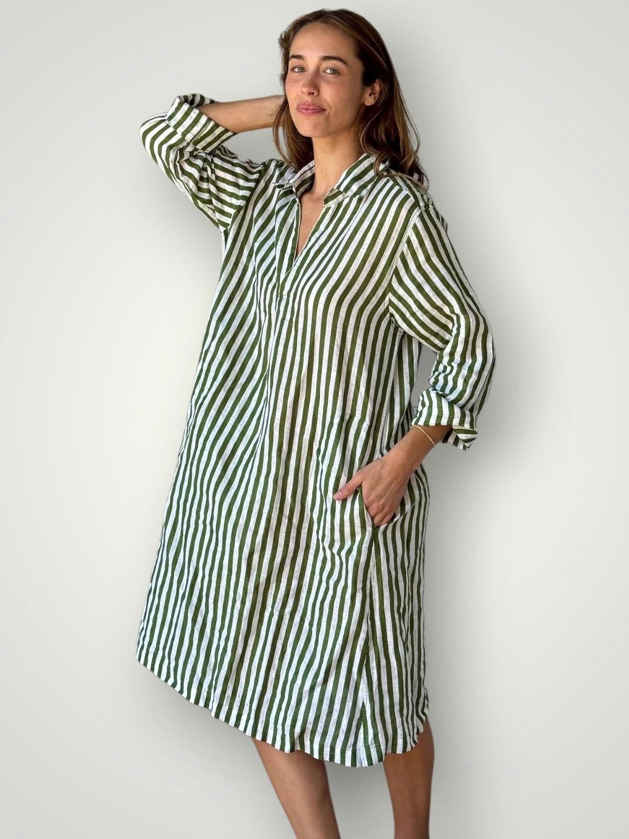 bianca dress -moss stripe linen Apparel
