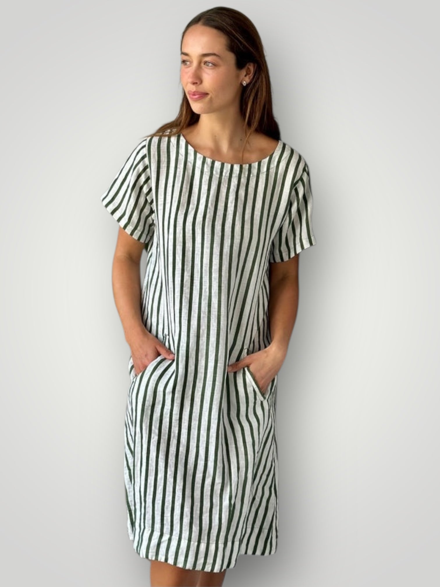 zara short sleeve dress -moss stripe linen Apparel