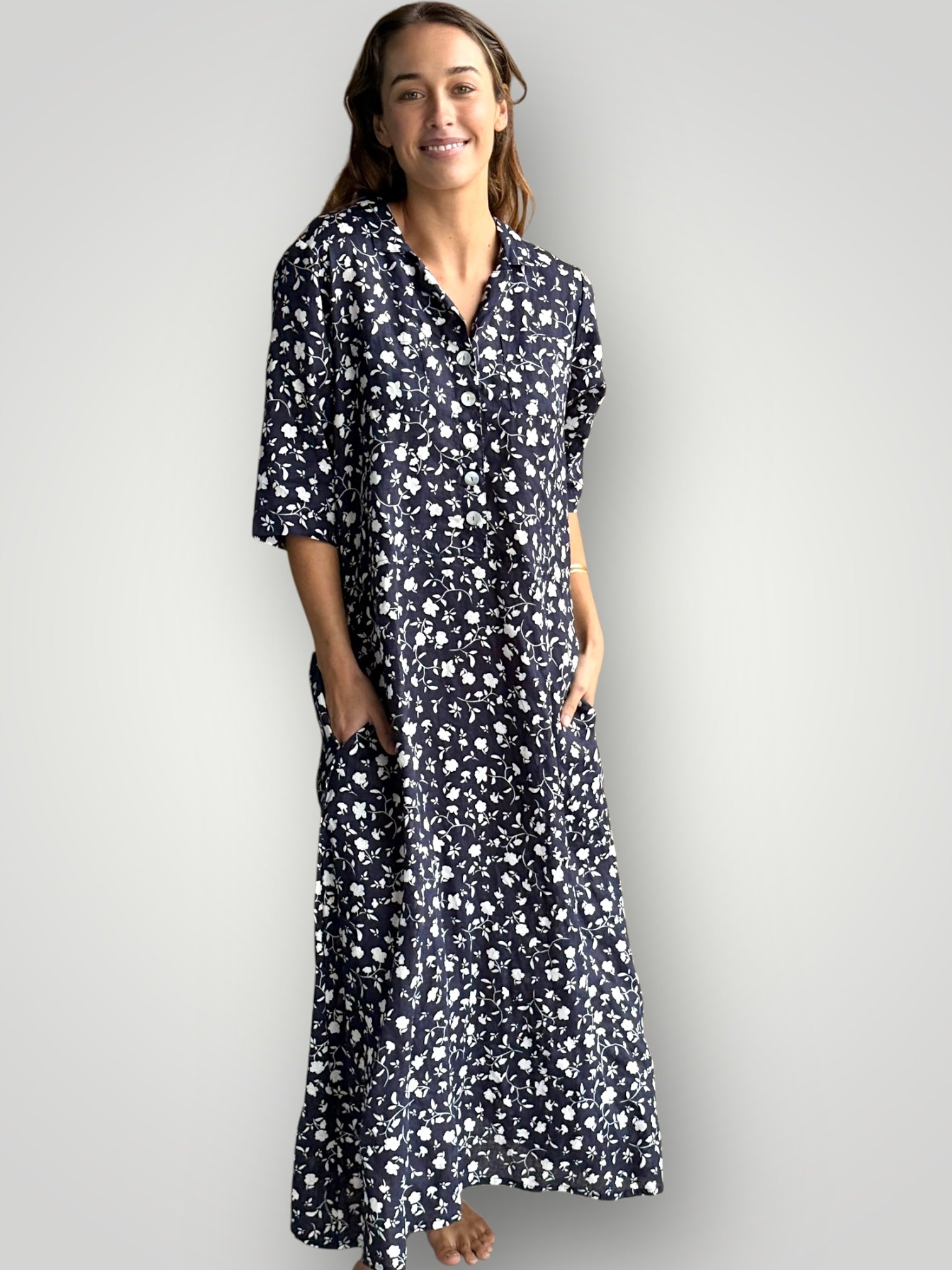 bridget dress - navy floral linen Apparel