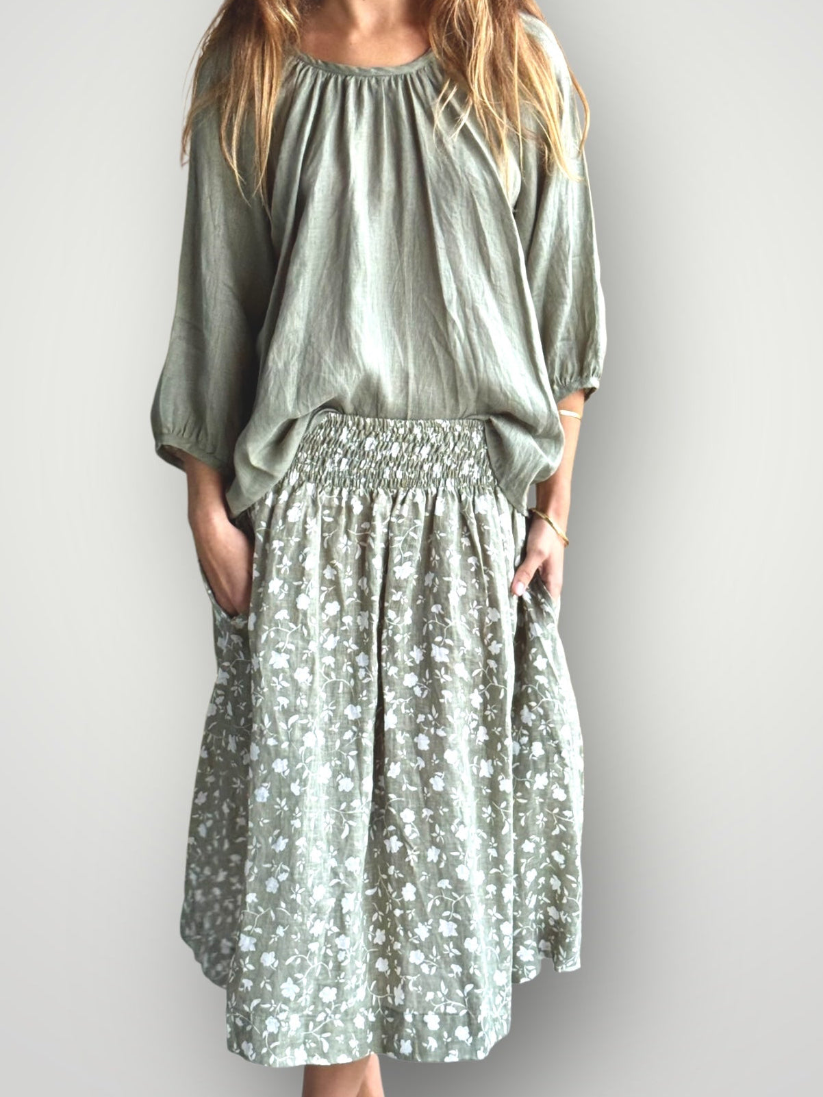 lola skirt - sage flora linen Apparel