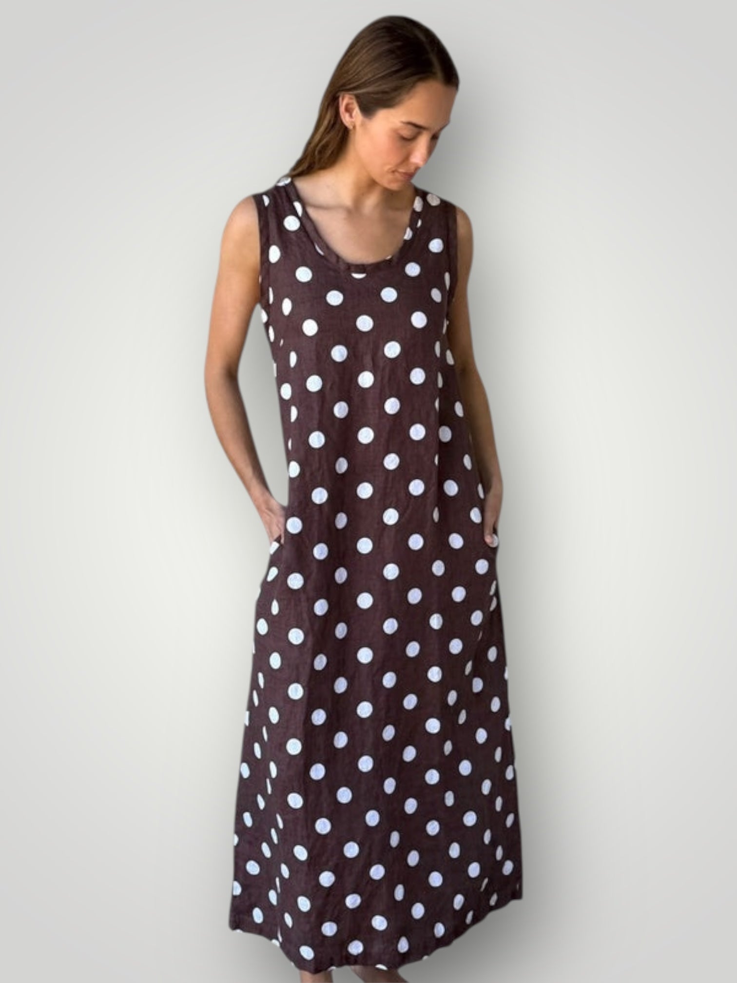 imogen dress-chocolate spot linen