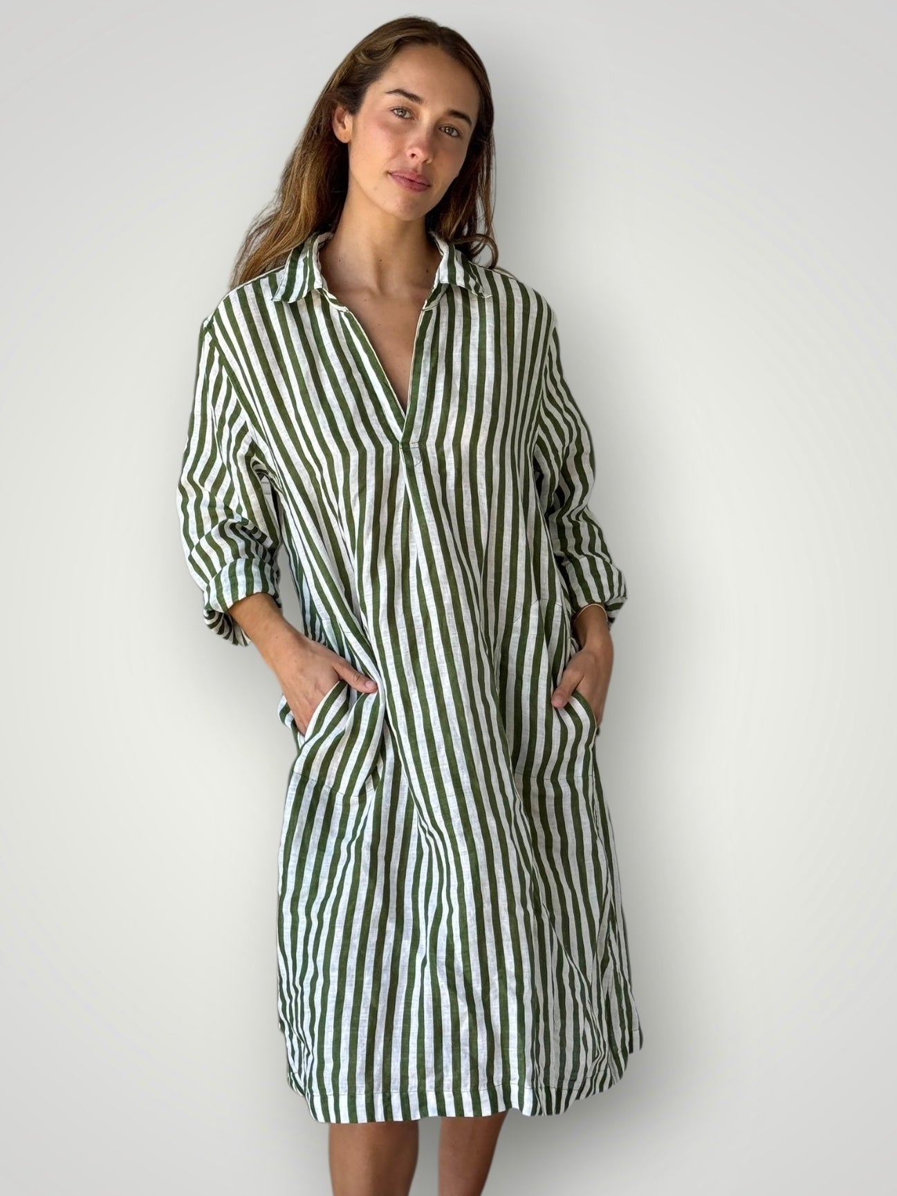 bianca dress -moss stripe linen Apparel