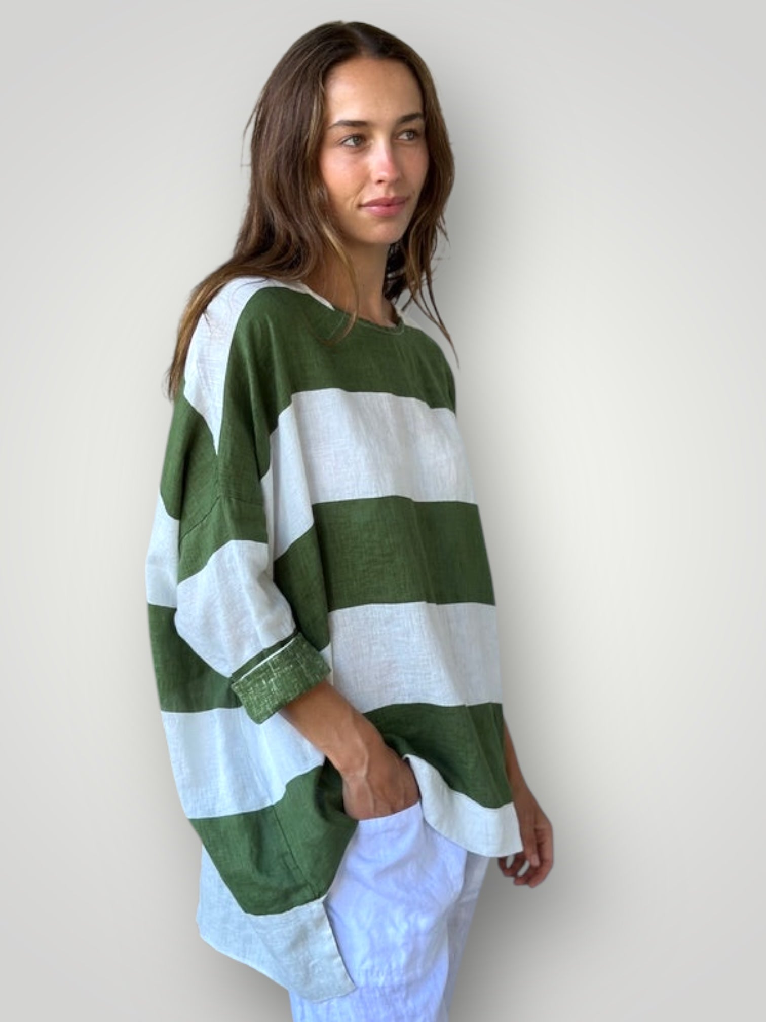 hunter top - big moss stripe linen