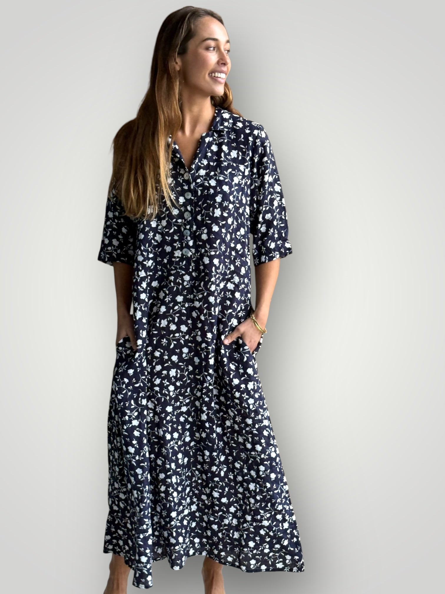 bridget dress - navy floral linen Apparel