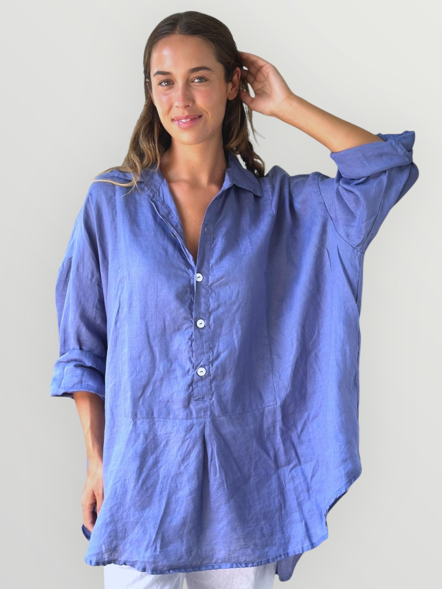 megan shirt - cornflower linen Apparel