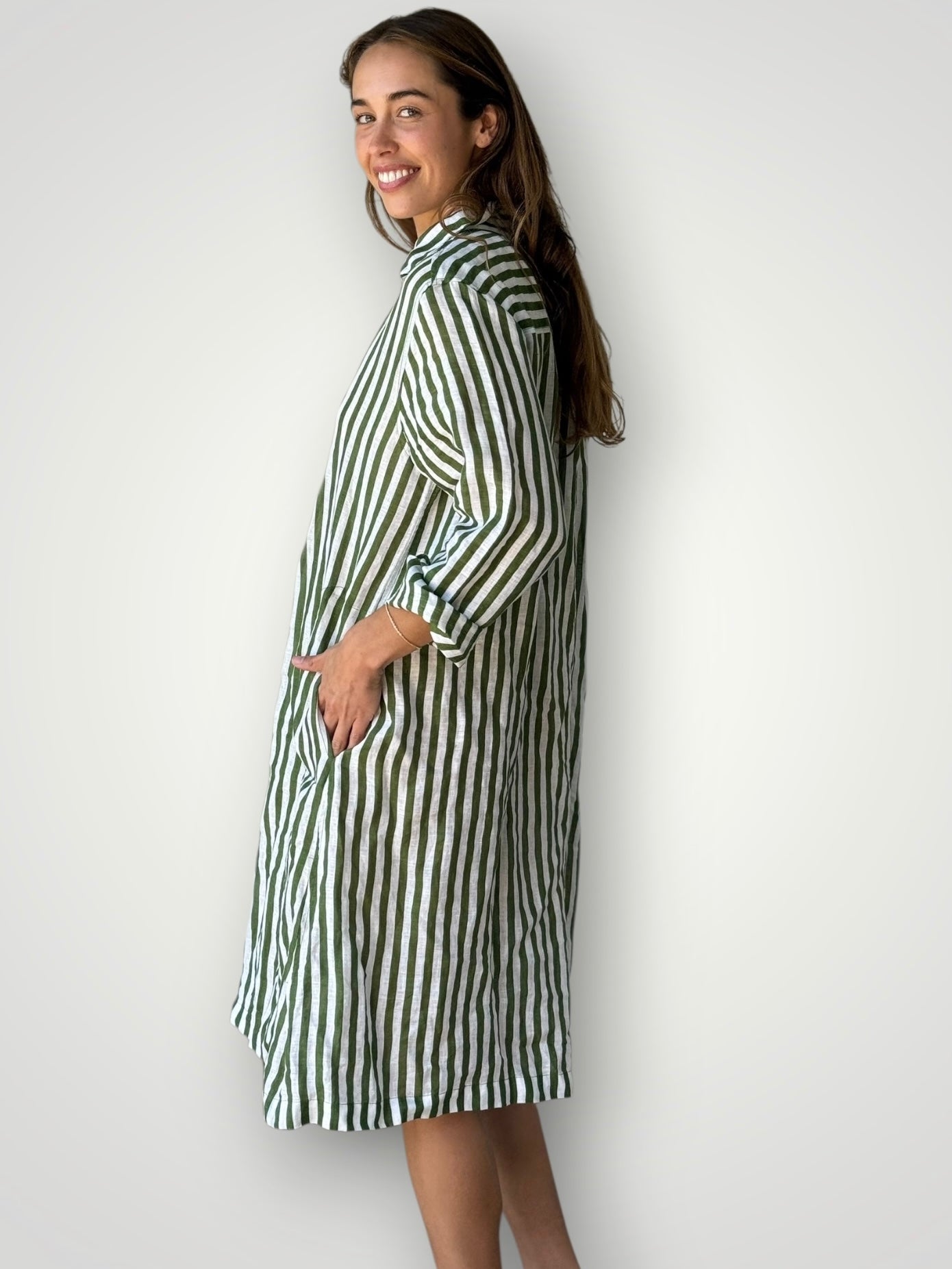 bianca dress -moss stripe linen Apparel