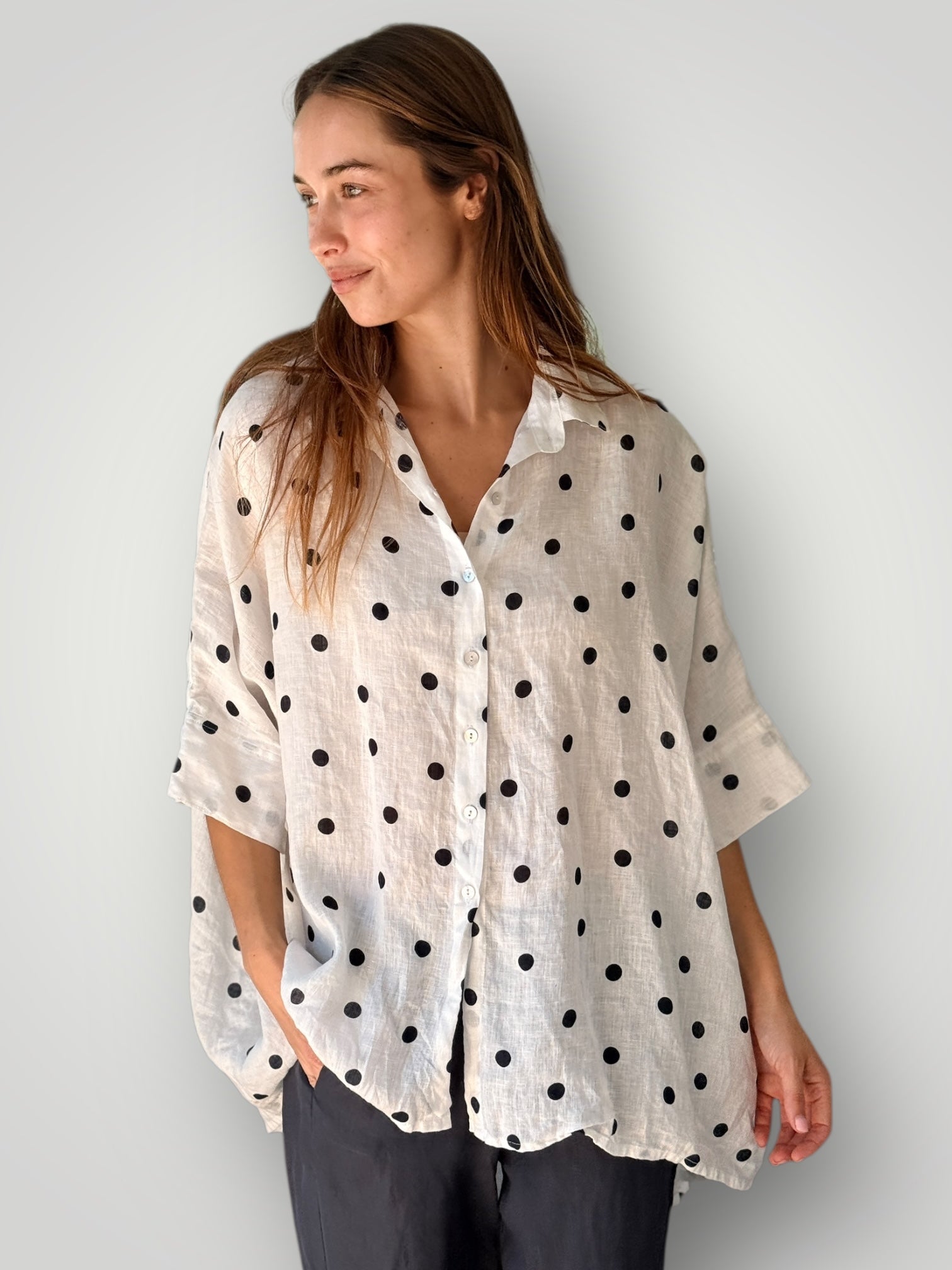 issey shirt - white/charcoal spot linen Apparel