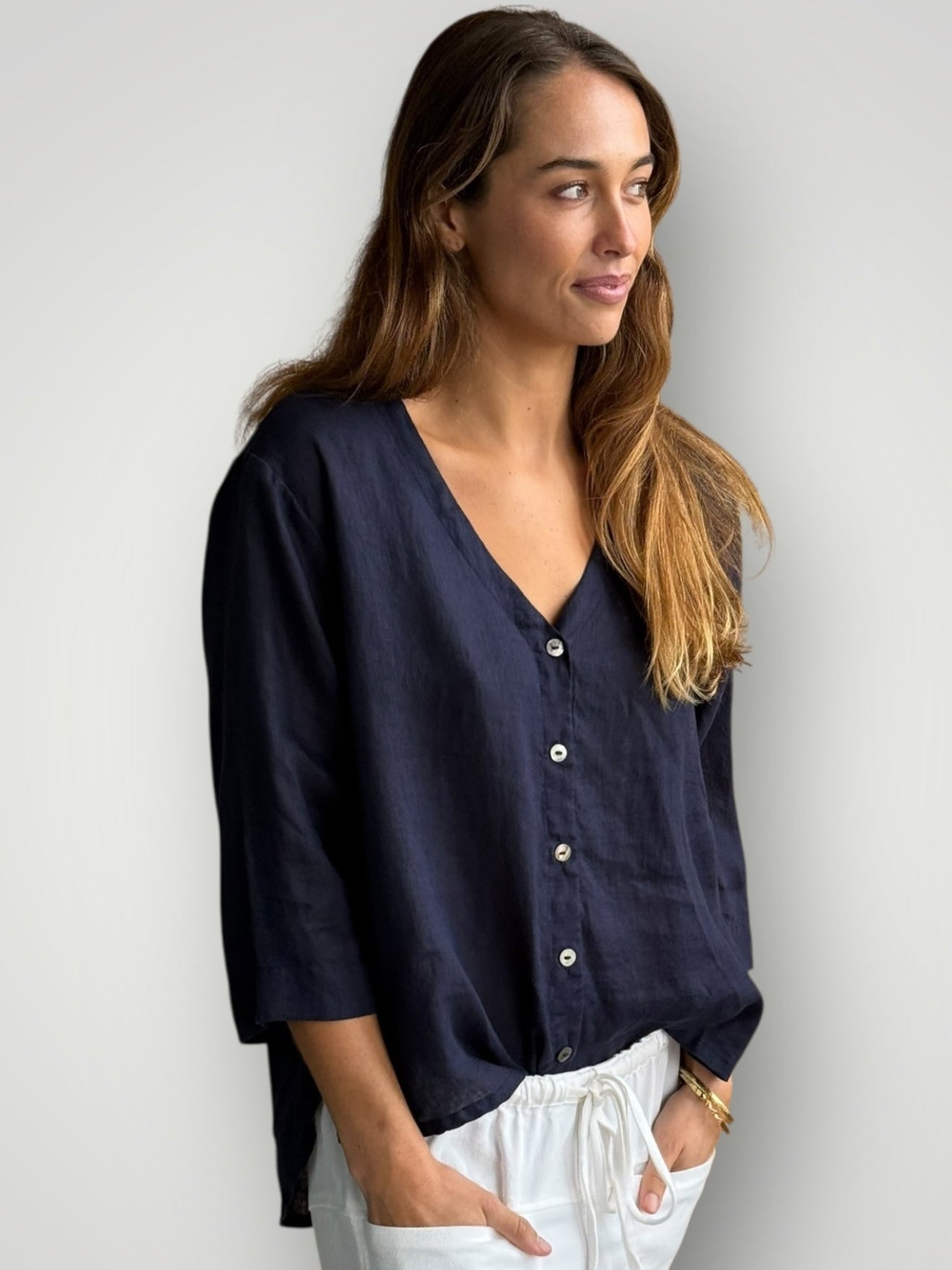 raine shirt - navy linen Apparel