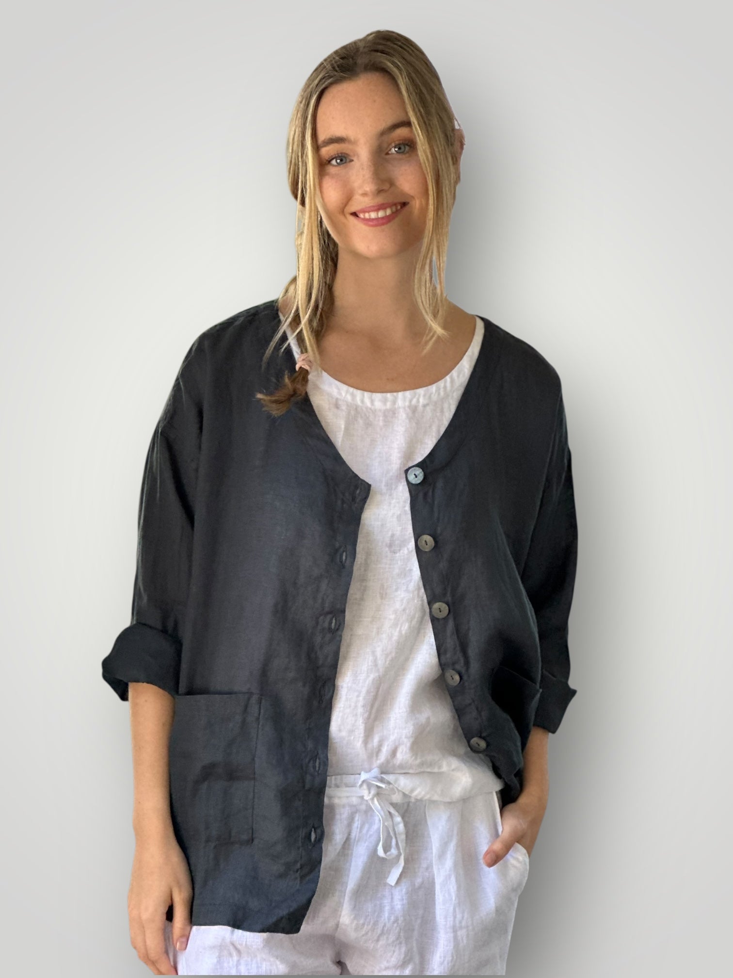 jamie jacket -charcoal linen Apparel