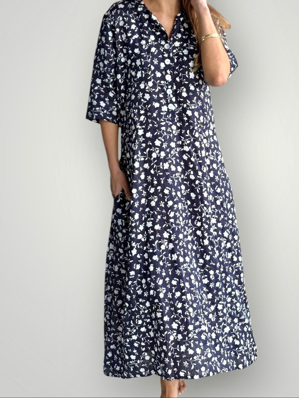 bridget dress - navy floral linen Apparel