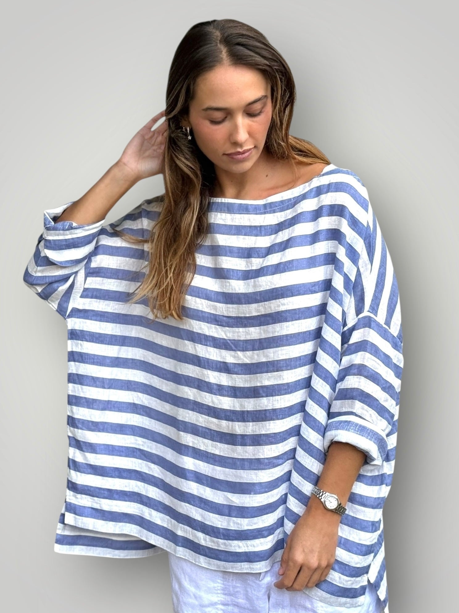 avril top - cornflower stripe linen Apparel