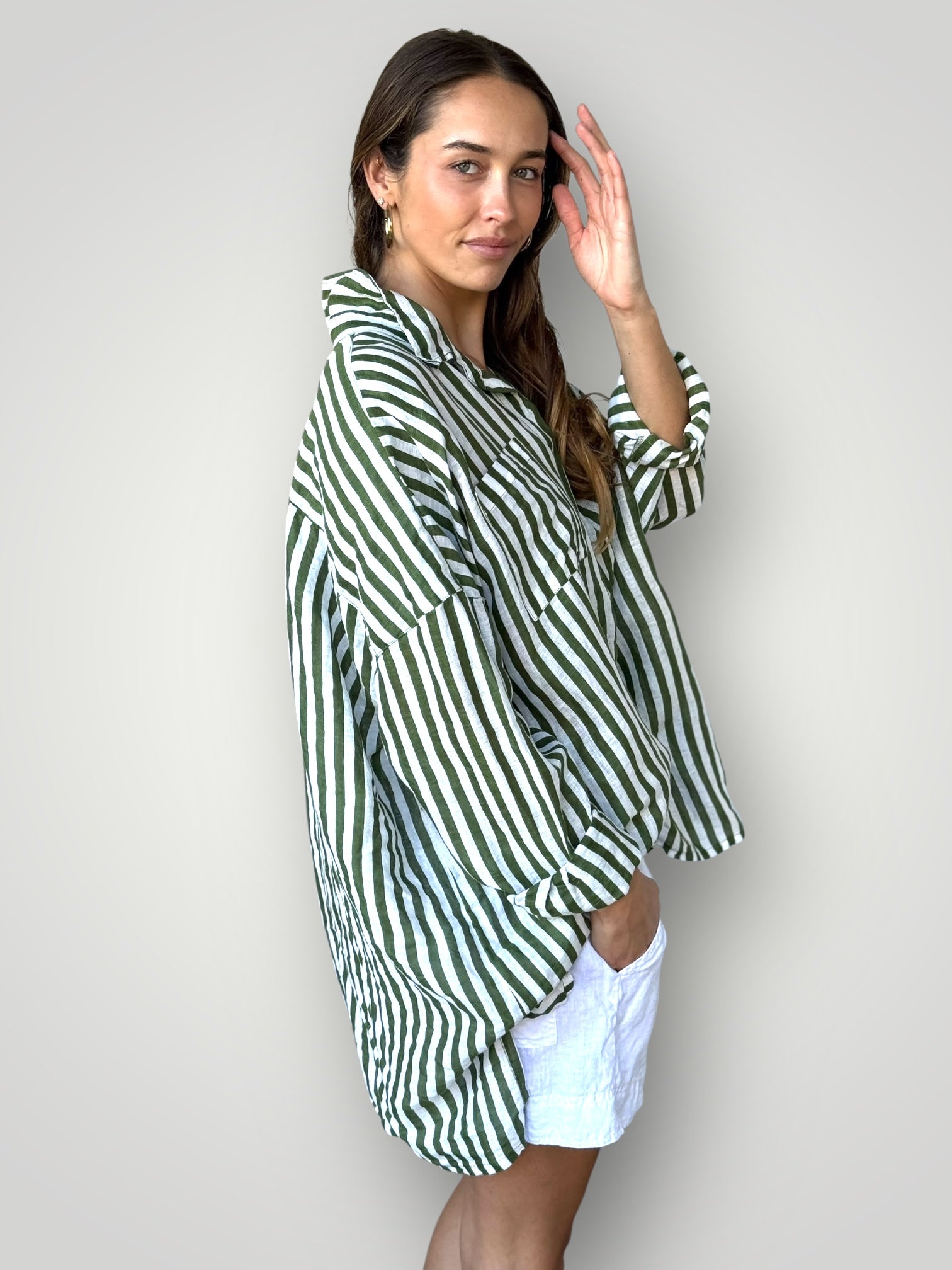 aiden boyfriend shirt -moss stripe linen Apparel