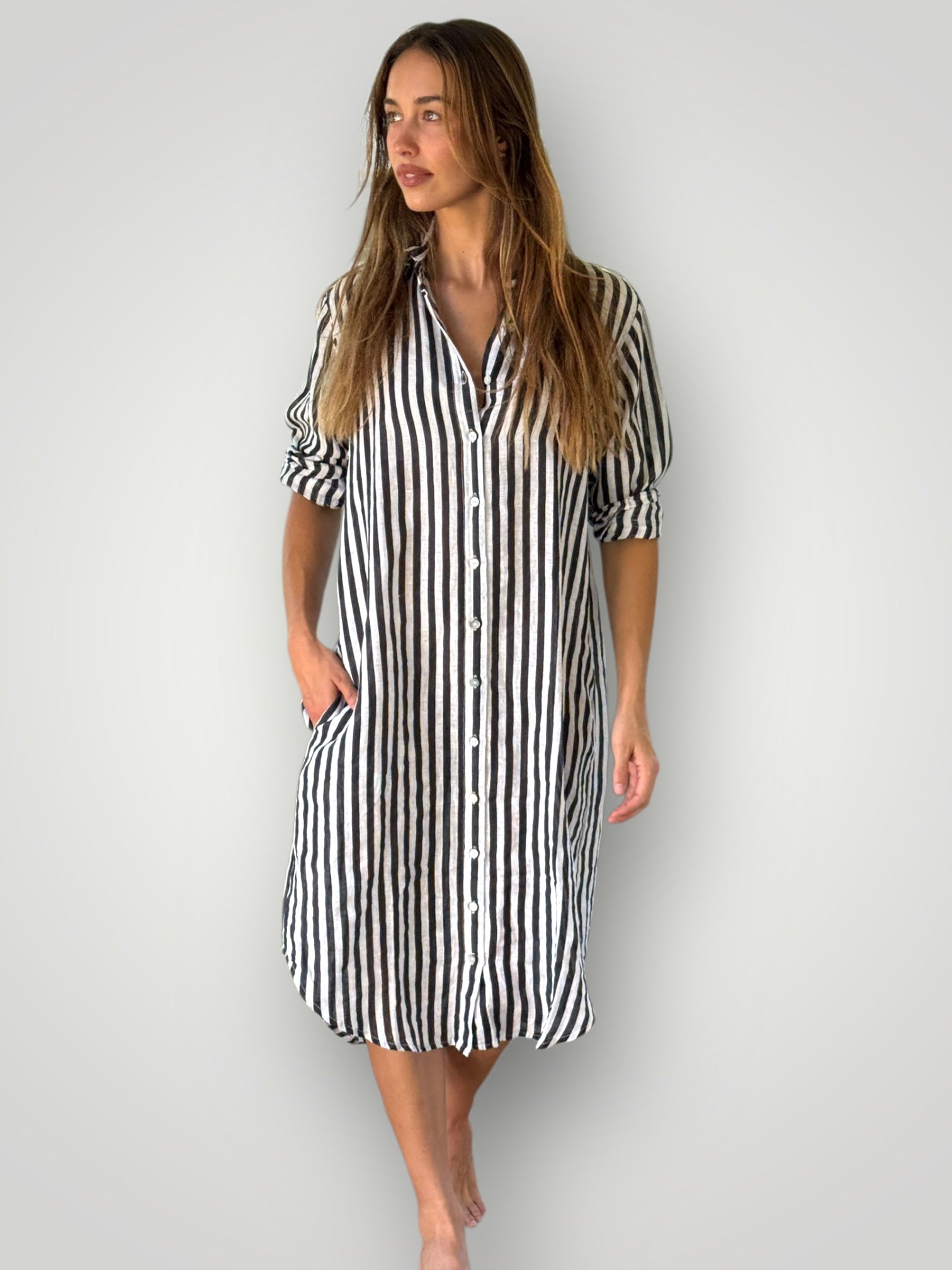 elena shirtdress - charcoal stripe linen Apparel