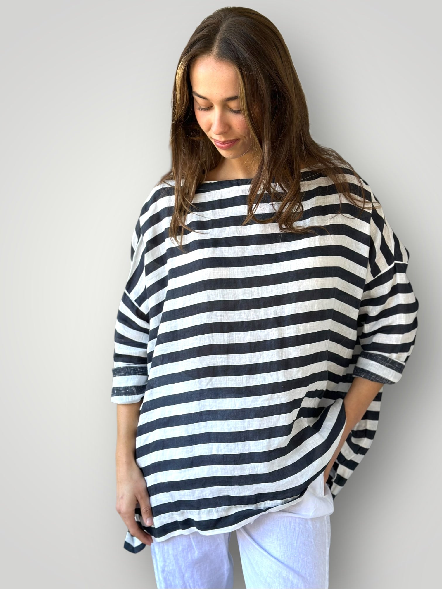 avril top - charcoal stripe linen Apparel