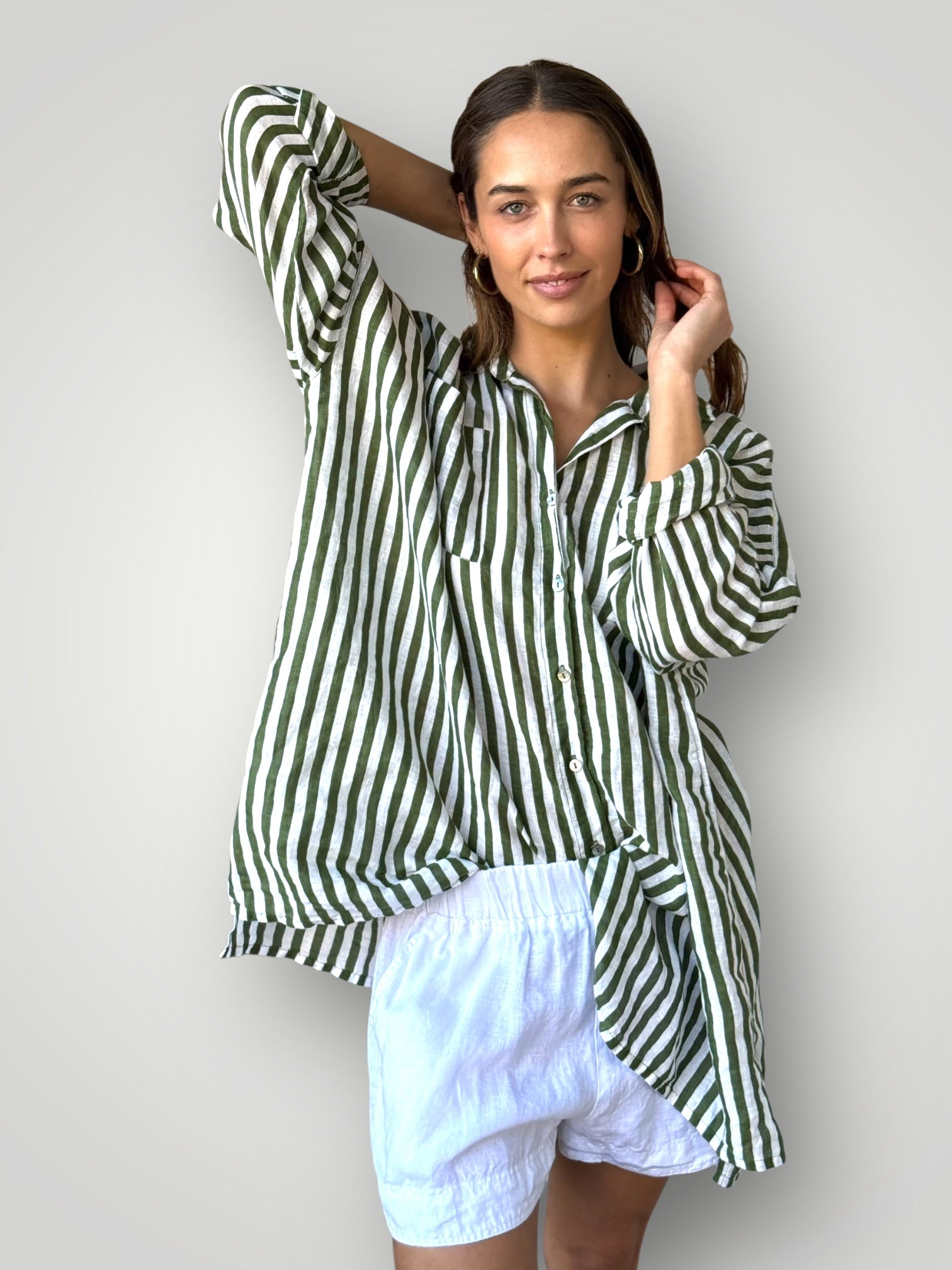 aiden boyfriend shirt -moss stripe linen Apparel