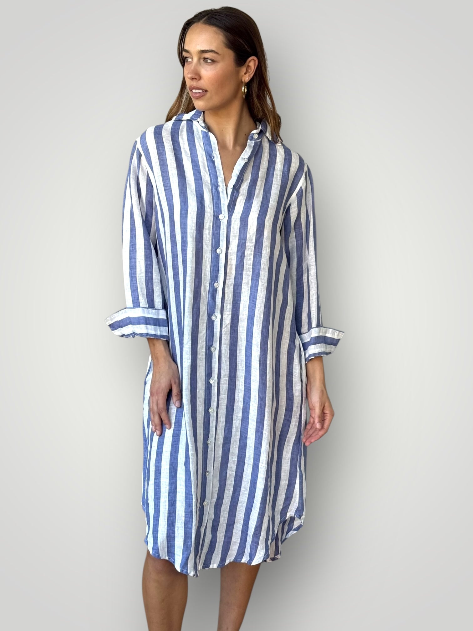 elena shirtdress - cornflower stripe linen Apparel