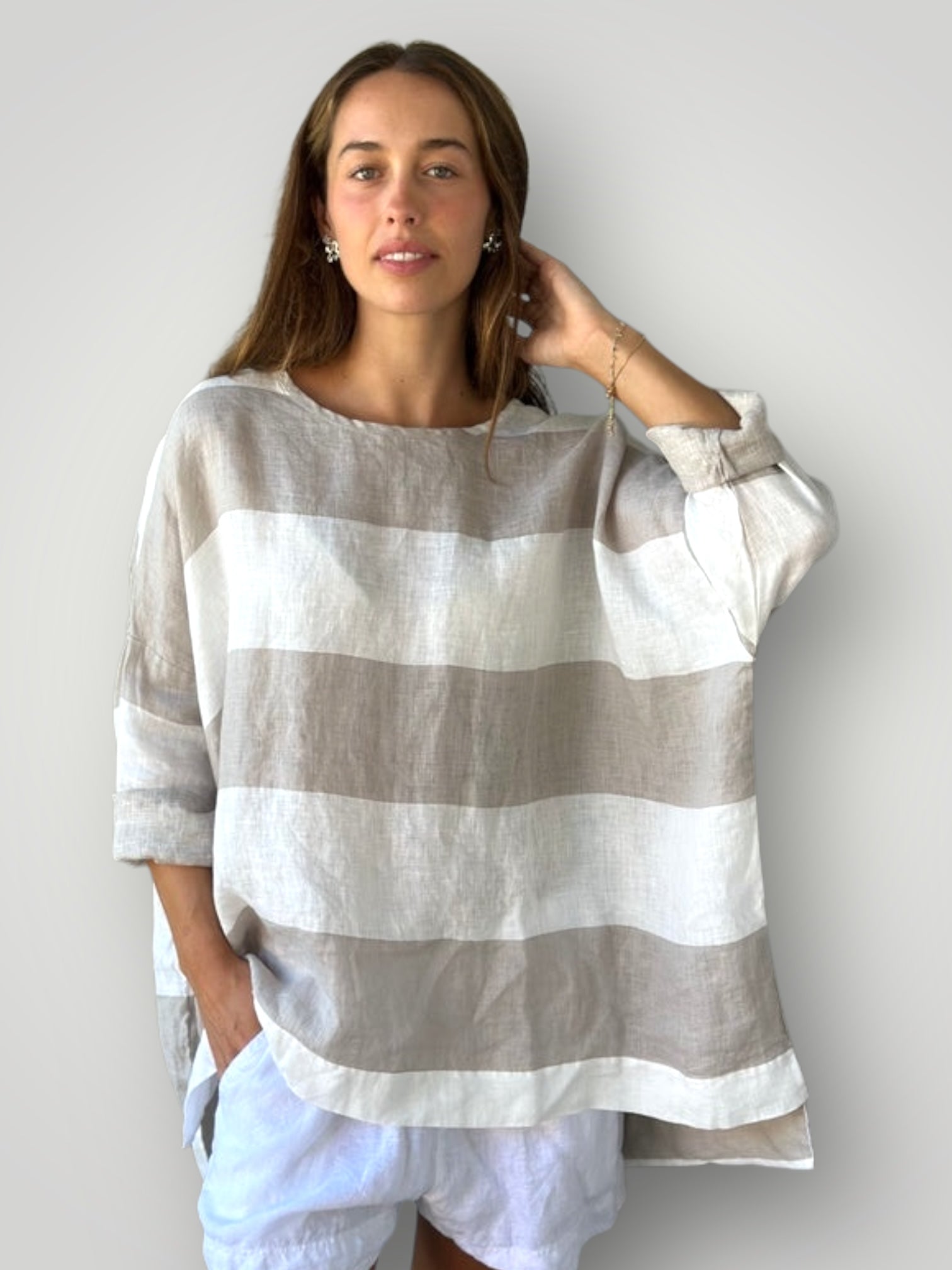 hunter top - big natural stripe linen