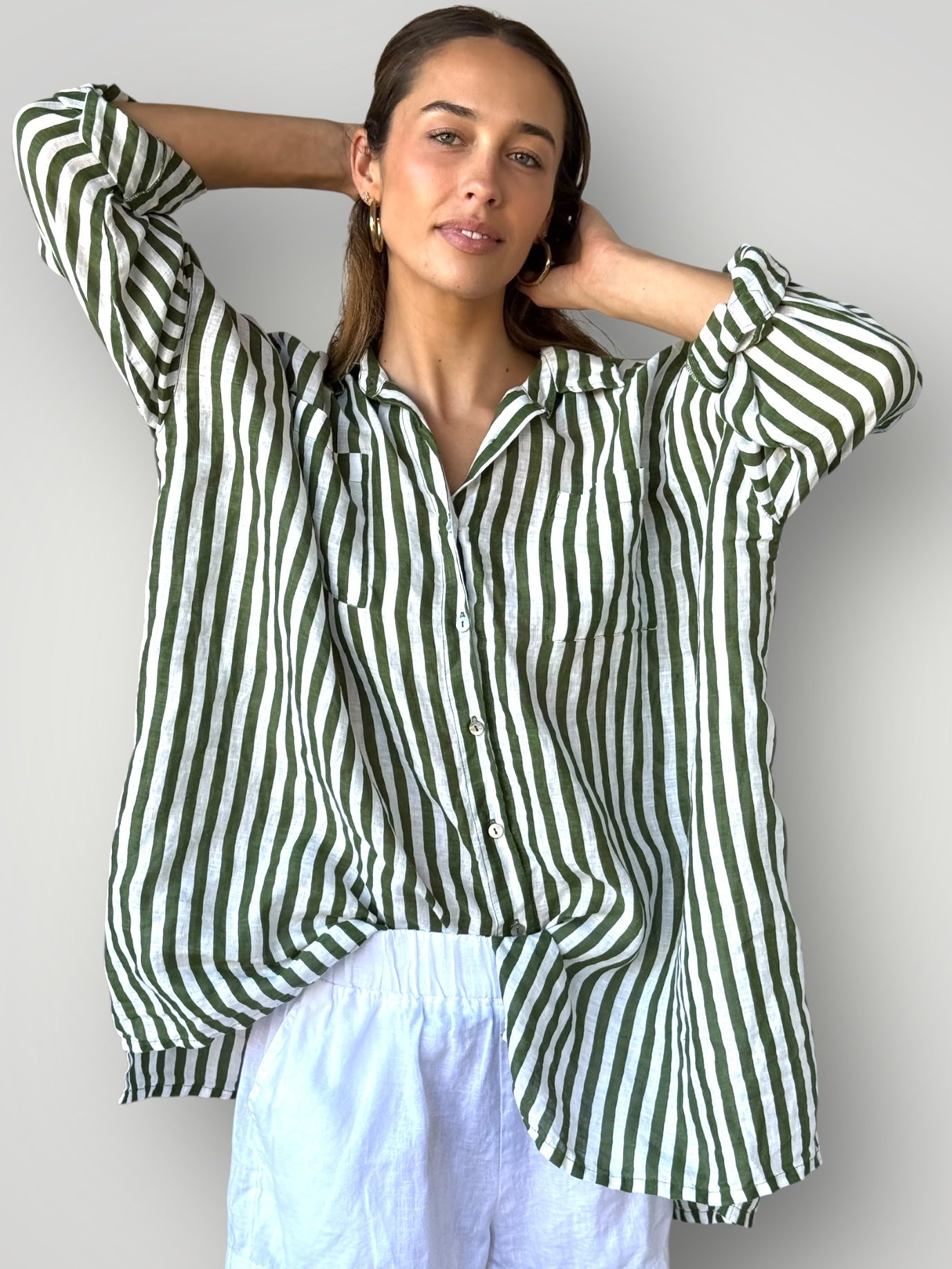 aiden boyfriend shirt -moss stripe linen Apparel
